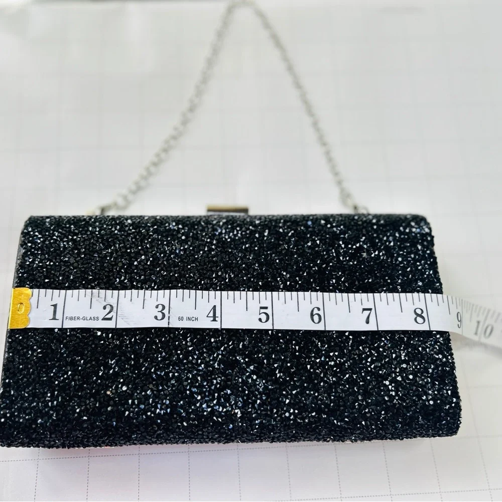Formal Clutch Handbag Black Crushed Glass Stone Chain Strap cocktail